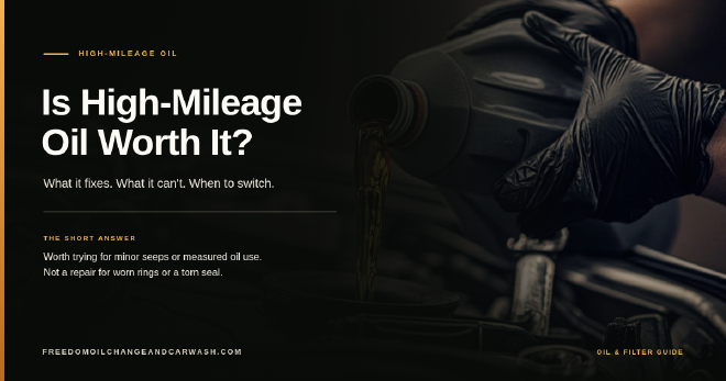 A mechanic's gloved hand pouring fresh oil into the filler neck of a high-mileage engine under warm garage light.