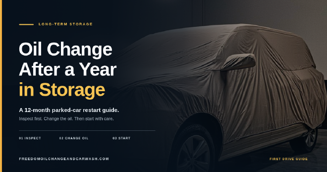 A car under a fitted beige storage cover in a dim garage, lit by a single overhead work light.